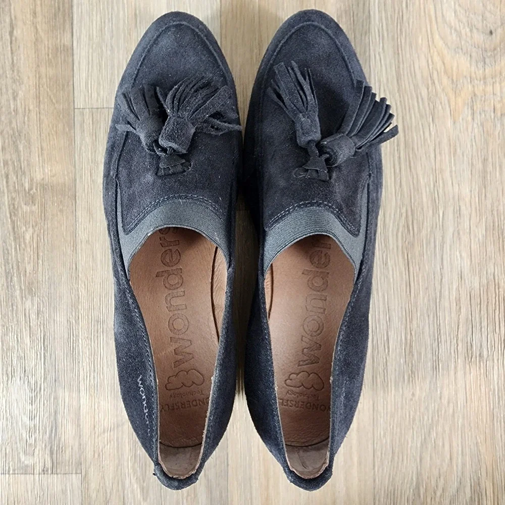 Wonders Women Black Suede Tassel Wedge Loafer Shoes Size‎ 38 EU US 7.5